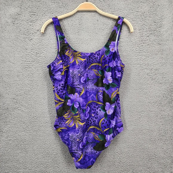 Islander Purple Floral Print One Piece Swimsuit Women's Size 16 Vintage - Picture 1 of 11